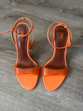 Zara Orange Leather Ankle-Tie Heels